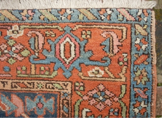 Heriz/Serapi-- 3 ft 6 x 4 ft 6. Northwest village rug in rare small format. Scaled down open field design with wide borders and Serapi colors. 
All original sides and ends. As  ...