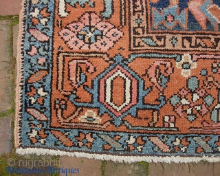 Heriz/Serapi-- 3 ft 6 x 4 ft 6. Northwest village rug in rare small format. Scaled down open field design with wide borders and Serapi colors. 
All original sides and ends. As  ...