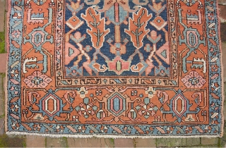 Heriz/Serapi-- 3 ft 6 x 4 ft 6. Northwest village rug in rare small format. Scaled down open field design with wide borders and Serapi colors. 
All original sides and ends. As  ...