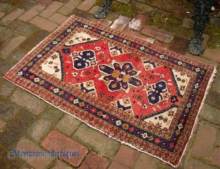 Turkish Pushti-- 2 ft 3 inches x 3 ft  4 inches. Interesting medallion design w/ Persian or Caucasian influence. Some inept old work securing one side cord which could easily be  ...