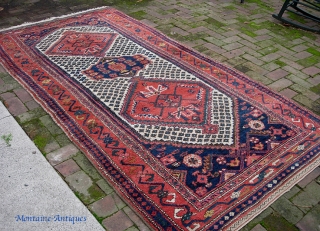 Kurd 4 ft 6 inches x 8 ft 10 inches. Useful size. Very lively and decorative with diapered white field. Somewhat coarsely woven w/ heavy thick pile; charming and vernacular. Excellent condition  ...