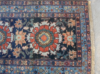 Kurdish Hamadan w/ Harshang design 3 ft 2 by 5 ft 7. Beautiful colors and original braided ends. Some pile wear toward the center but no foundation exposed. A very decorative thing. 