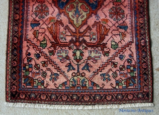 Lilihan-- 2 ft 9 by 4 ft 0 inches. Plush little rug with vibrant colors. The wool on this one is super soft and silky. Excellent near mint condition. Ends were secured  ...