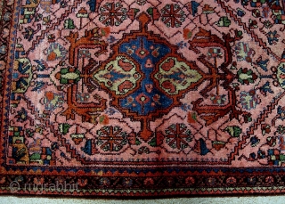 Lilihan-- 2 ft 9 by 4 ft 0 inches. Plush little rug with vibrant colors. The wool on this one is super soft and silky. Excellent near mint condition. Ends were secured  ...