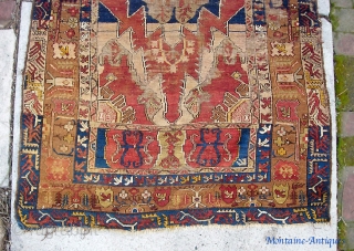 Turkish-- 3 ft 0 by 5 ft 6 inches. Dyes all natural? Not sure. In any case, a really ancient rug. You can see it is well worn. I know zero about  ...