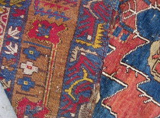 Turkish-- 3 ft 0 by 5 ft 6 inches. Dyes all natural? Not sure. In any case, a really ancient rug. You can see it is well worn. I know zero about  ...