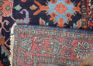 Hamadan-- 4 ft 6 inches x 6 ft 6 inches. Just an honest old Persian rug  w/ crispy design and great colors. Nice overall pile. The dogeared corner is pretty much  ...