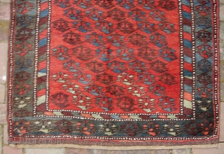 Kurdish-- 3 ft 8 inches x 6 ft 7 inches. Deep red and nice blues. All wool foundation. Original ends and sides. Almost perfect. Pile gets a little lowish in the center  ...