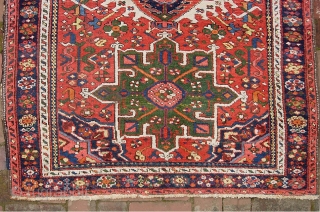 Karaja-- 3 ft 6 inches x 4 ft 6 inches. Bright and super decorative with great green medallions. Decent pile for the most part. There are a couple of small spots with  ...