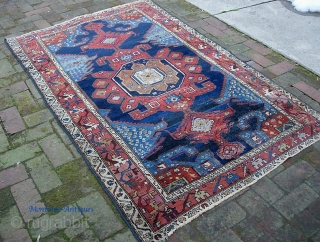 Kurdish. Possibly Northwest. 4 ft 0 inches by 6 ft 1 inches. Unusual and beautiful old thing. Note the stippling in the inner medallion. Even pile. Ends secured and sides rebound. Otherwise  ...