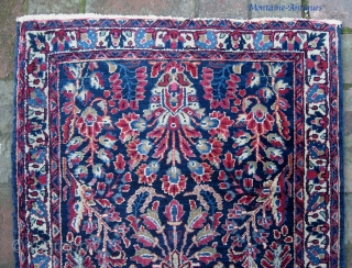 Blue Sarouk.  2 ft 1 inches by 4 ft 0 inches. Crisp design. Silky, lush pile and nice tight weave. Pile is mint. One end is perfect; the other end has  ...