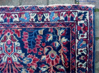 Blue Sarouk.  2 ft 1 inches by 4 ft 0 inches. Crisp design. Silky, lush pile and nice tight weave. Pile is mint. One end is perfect; the other end has  ...
