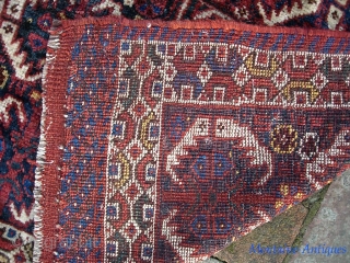 Basiri(?)-- 26 x 28 inches. We acquired a pile of small tribal rugs. All as-found. I will post 6 per day until they are gone.

Some Khamsa motifs but I'm not sure. Let's  ...