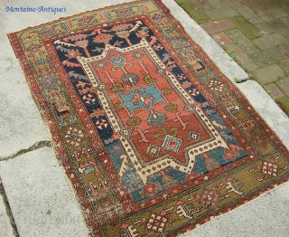 19th Century Heriz region. check out the weave... Maybe a small Serapi or Bakshaish? 2 ft 11 x 4 ft 4 inches. The photos show the condition issues. Maybe full restoration is  ...