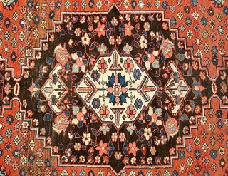 Bahktiari. 4 ft 4 x 6 ft 7 inches. Medallion rug with earth tones and a lot of chocolate brown. Rug is a bit out of square. (Not horrible) Missing a row  ...