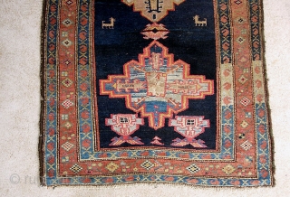 Old Bahktiari Runner-- 3 ft 5 inches by 14 ft. 2 inches. Nice long one. Wonderful thick tribal thing with animals. All natural dyes. Indigo ground but very colorful with lots of  ...