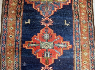 Old Bahktiari Runner-- 3 ft 5 inches by 14 ft. 2 inches. Nice long one. Wonderful thick tribal thing with animals. All natural dyes. Indigo ground but very colorful with lots of  ...