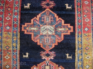 Old Bahktiari Runner-- 3 ft 5 inches by 14 ft. 2 inches. Nice long one. Wonderful thick tribal thing with animals. All natural dyes. Indigo ground but very colorful with lots of  ...