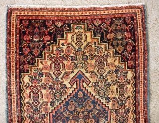 Senneh Pushti-- 2 ft 1 inches by 3 ft. 2 inches. Real rare to fine Senneh in this small size. Real pretty piece with light earth tone colors. Even wear with just  ...