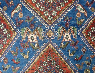 Afshar. 5 ft 6 in x 7 ft 0 in. Bright baby Blue field and herds of various animal. Overall fairly thick but shows a smattering of foundation here and there. Some  ...