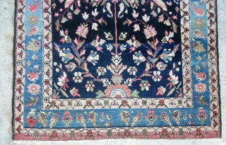 Mehriban. 3 ft 4 inches by 4 ft 7 inches. Typical 1920s- 30s Mehriban with fine lustrous wool, soft rose, baby blues, and indigo ground. This one is unusual with old Persian  ...