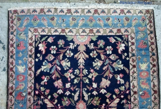 Mehriban. 3 ft 4 inches by 4 ft 7 inches. Typical 1920s- 30s Mehriban with fine lustrous wool, soft rose, baby blues, and indigo ground. This one is unusual with old Persian  ...