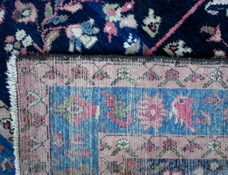 Mehriban. 3 ft 4 inches by 4 ft 7 inches. Typical 1920s- 30s Mehriban with fine lustrous wool, soft rose, baby blues, and indigo ground. This one is unusual with old Persian  ...