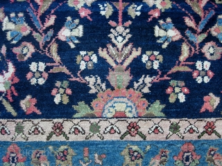 Mehriban. 3 ft 4 inches by 4 ft 7 inches. Typical 1920s- 30s Mehriban with fine lustrous wool, soft rose, baby blues, and indigo ground. This one is unusual with old Persian  ...