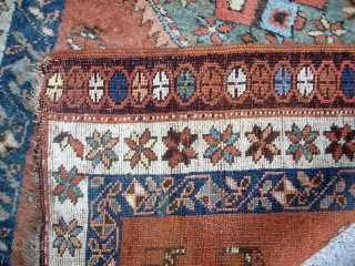 Azerbaijan Runner  3 ft 2 inches x 12 ft 9 inches. Probably Kurdish. A genuinely old piece with very interesting ethnographic design and very soft old colors. colors. Note missing ends  ...