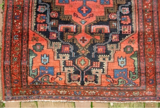 Hamadan Village-- 3 ft 2 inches by 4 ft. 9 inches  Possibly from around Tuisarkan area. Attractive geometric medallion w/ soft natural dyes. Excellent thick condition. $15 US shipping.   
