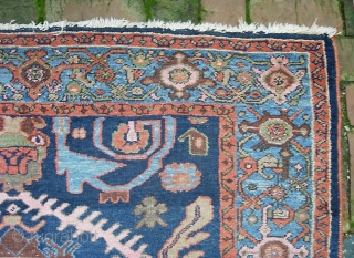 West Persian Tribal rug 4 ft 2 inches x 6 ft 0 inches. Can anyone identify this strange smiling animal? Looks like maybe a cat with a bird sitting on his shoulder??  ...