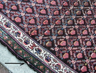 Malayer Runner 3 ft 4 x 12 ft 1 inches. Beautiful and lively. Very crisp old rug with fine weave. Fantastic shimmery colors. Even pile w/no exposed foundation except for the crease  ...