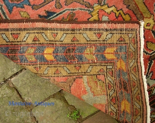 Hamadan-- 2 ft 6 in x 4 ft 11 in. Definitely Mehriban village piece. Very interesting design-- arabesques on soft salmon field. Gets lowish in the middle but no exposed foundation. Ends  ...