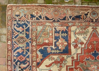 Serapi-- 8 ft 10 in x 12 ft 3 in. A legit antique rug, probably 19th century. It is very open and the medallion is proportionally huge.  Very interesting design and  ...