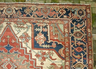 Serapi-- 8 ft 10 in x 12 ft 3 in. A legit antique rug, probably 19th century. It is very open and the medallion is proportionally huge.  Very interesting design and  ...