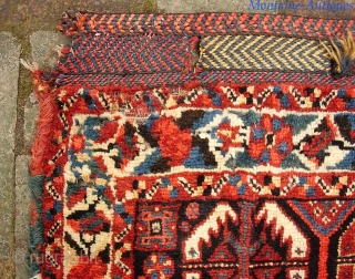 Basseri. 24 x 16 inches. Top shelf example of a highly sought Khamseh design. Sensational wool quality. Tiny fine knotting. Look carefully-- moth damage upper left corner. Aside from that condition is  ...