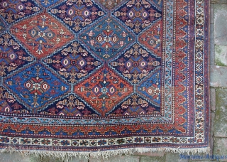 squarish Afshar  5 ft  6 in. by 7 ft.  Wool foundation; 100 years old. All vegetable. Some brown oxidation (mostly in one gul); otherwise, nice condition.    