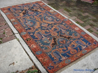 Kurd. 3 ft 6 inches by 7 ft 1 inches. God-knows-how-old archaic tribal thing. Are these old  dragon motifs(?) Extremely interesting piece. Pristine and unrestored with original braided end weave. Even  ...