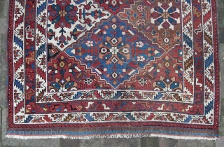 Afshar. 4 ft 0 inches by 5 ft 5 inches. Circa 1900 or earlier. Nomadic tribal piece has wide kelims at both ends. Interesting-- center warps are candy cane wool; peripheral warps  ...