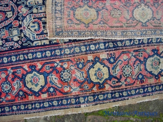 Senneh-- 5 ft 4 inches x 7 ft 10 inches. A well traveled old thing in larger format. Thin and finely woven. Exposed foundation all thru the rug-- tho it is hard  ...