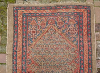 Camel Hamadan. 3 ft 2 inches by 10 ft 1 inches. Real old one-- possibly 19th century. Wool foundation. There are two old square reweaves. Even low pile and a couple small  ...