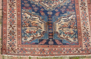Persian Village-- 4 ft 2 inches x 6 ft 0 inches. Bahktiari? Anything different is good. Definitely unique design. Some loss at the ends; excellent zanjir work securing them.  Approx $20  ...