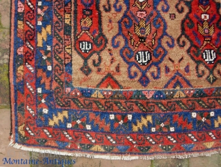 Afshar-- 3 ft 10 inches x 5 ft 6 inches. Decorative little rug with camel ground and scarabs (or whatever). All good dyes. All wool foundation. The warps are candy cane spun  ...