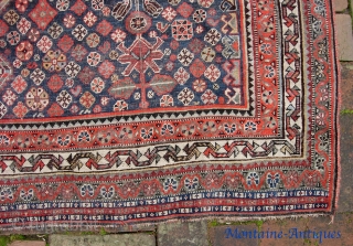 Qashqai-Shekarlu. 5 ft 0 inches x 8 ft 3 inches.  Nice big one. Classic old 19th century medallion (Stone: pp 259). Thin and finely woven. Some exposed wefts here and there.  ...
