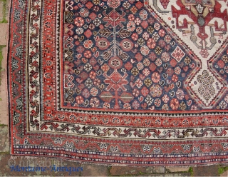 Qashqai-Shekarlu. 5 ft 0 inches x 8 ft 3 inches.  Nice big one. Classic old 19th century medallion (Stone: pp 259). Thin and finely woven. Some exposed wefts here and there.  ...