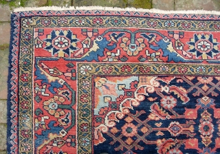 Squarish Hamadan-- 5 ft 2 inches x 6 ft 7 inches. One of two similar from same yard sale. Exceptionally decorative thing with great colors. This one has decent pile through out  ...