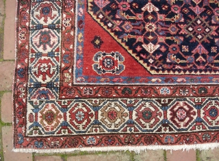 Squarish Hamadan-- 5 ft 4 inches x 6 ft 8 inches. One of two similar from same yard sale. Exceptionally decorative with great colors... especially rose medallion and madder corners. Alas... some  ...