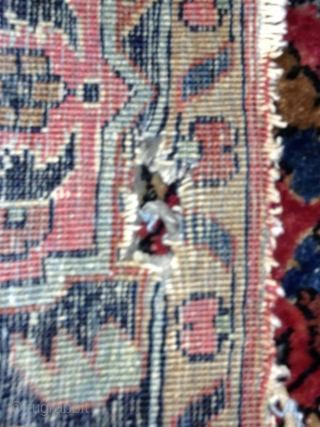 Rug Pickers find as found: A 1920's to 1930's Hamadan Region Sarouk type of rug measuring 4'6"x 7'6" with a hole at one end.  The rug needs overcasting and possibly some  ...