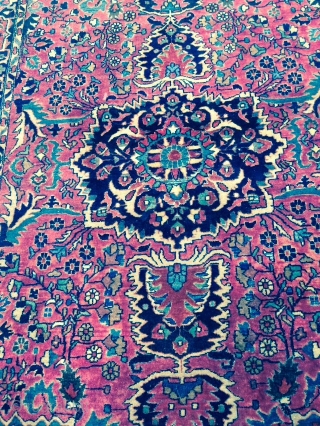 Rug Pickers find as found: A 1920's to 1930's Hamadan Region Sarouk type of rug measuring 4'6"x 7'6" with a hole at one end.  The rug needs overcasting and possibly some  ...