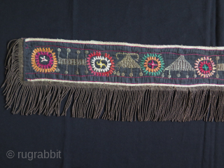 Afghan Tribal Silk and Metallic Embroidered Hanging.

Size; 19 cm High with frances and 113 cm long.

Contact at murathanantiques@gmail.com               